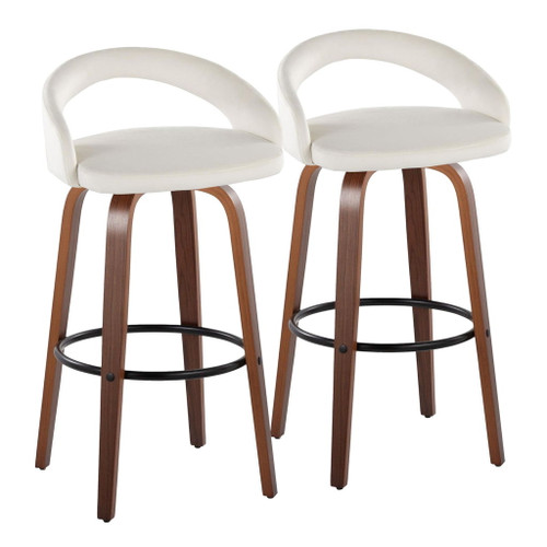Grotto - Upholstered Fixed-Height Barstool (Set of 2) - Walnut Wood, White Velvet, Black Metal
