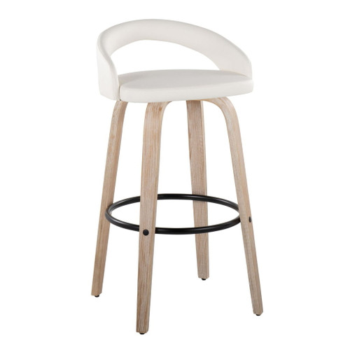 Grotto - Upholstered Fixed-Height Barstool (Set of 2) - Whitewashed Wood, White Faux Leather, Black Metal