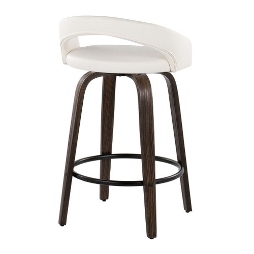 Grotto - Upholstered Fixed-Height Counter Stool (Set of 2) - Walnut Glazed Wood, White Faux Leather, Black Metal