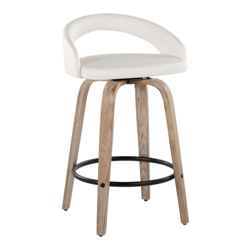 Grotto - Upholstered Fixed-Height Counter Stool (Set of 2) - Whitewashed Wood, White Faux Leather, Black Metal