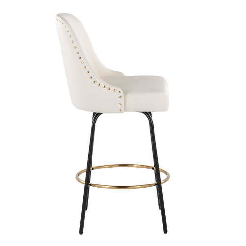 Studded - Marcel Fixed-Height Counter Stool (Set of 2) - Black Metal, White Faux Leather, Gold Metal