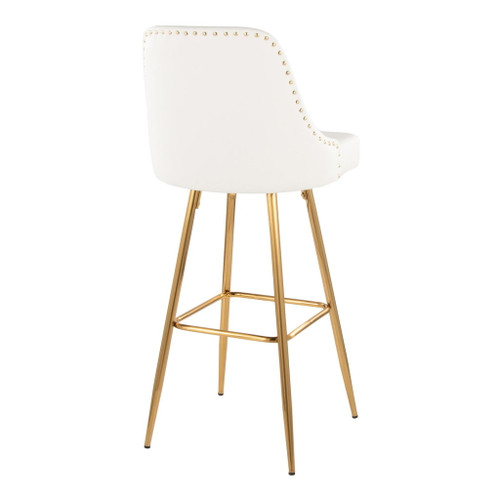 Studded - Marcel Fixed-Height Barstool (Set of 2) - Gold Metal, White Faux Leather
