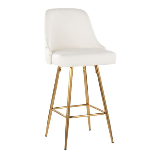 Studded - Marcel Fixed-Height Counter Stool (Set of 2) - Gold Metal, White Faux Leather