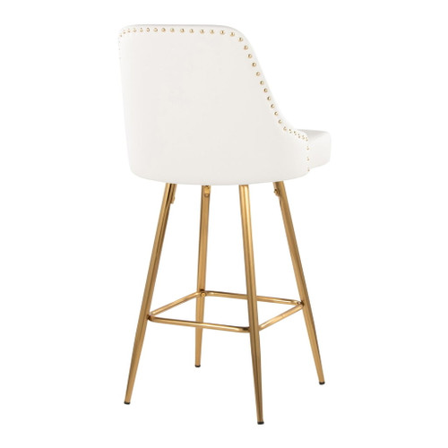 Studded - Marcel Fixed-Height Counter Stool (Set of 2) - Gold Metal, White Faux Leather