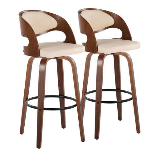 Pino - Fixed-Height Barstool (Set of 2) - Walnut Wood, Black Footrest