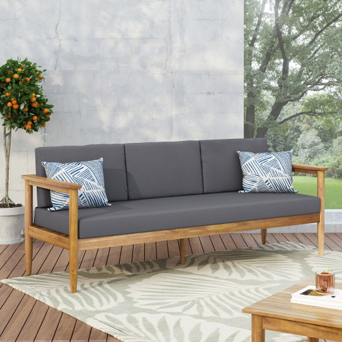 Outdoor 3 Seater Sofa With Cushion And Teak Acacia Wood - Dark Gray