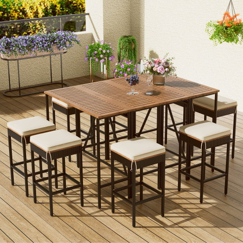 Outdoor Acacia Wood Bar Height Table And Eight Stools With Cushions