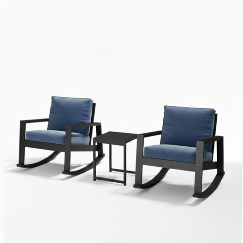 Outdoor Rocking Bistro Set Of 3, Oversized Rocking Chairs With Cushions And Side Table - Black / Blue