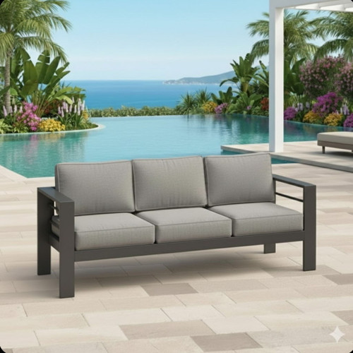 All Weather 3 Seat Patio Sofa With Thick Cushions - Gray / Gray