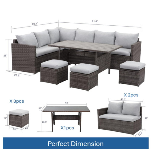 7 Piece Outdoor Dining Set With Cushions, Modular Sectional Sofa And Table