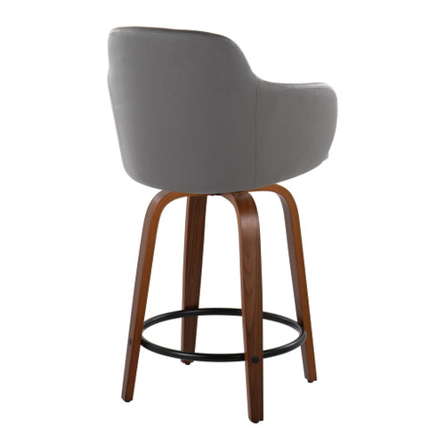 Boyne - 24" Fixed-Height Counter Stool With Swivel (Set of 2) - Walnut Wood, Gray Faux Leather And Round Black Metal Footrest