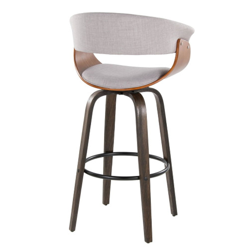 Vintage Mod - 30" Fixed-Height Barstool With Swivel (Set of 2) - Walnut Glazed Wood And Stone Fabric With Walnut Wood Accents And Round Black Metal Footrest