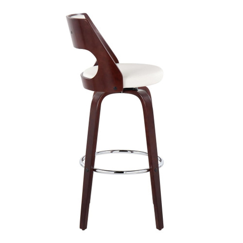Cecina - 30" Fixed-Height Barstool With Swivel And Round Chrome Metal Footrest (Set of 2) - Cherry Wood And White Faux Leather