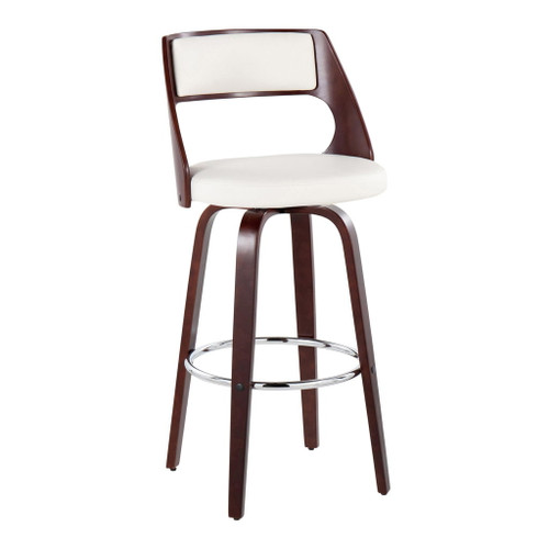 Cecina - 30" Fixed-Height Barstool With Swivel And Round Chrome Metal Footrest (Set of 2) - Cherry Wood And White Faux Leather