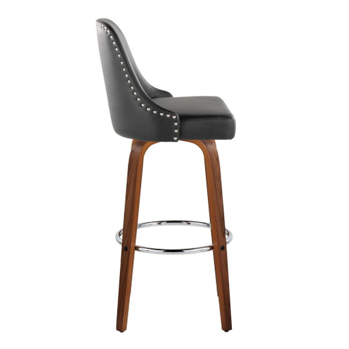 Marcel - 30" Fixed-Height Barstool With Swivel And Round Chrome Metal Footrest (Set of 2) - Walnut Wood And Black Faux Leather With Chrome Nailhead Trim