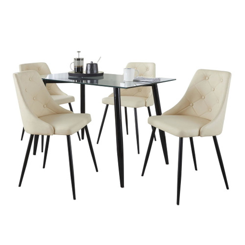 Clara - Giovani 5 Piece Dining Set - Black Metal, Clear Glass, Cream Faux Leather