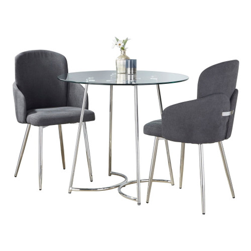 Cece - Dahlia 3 Piece Dining Set - Chrome Metal, Clear Glass, Gray Fabric