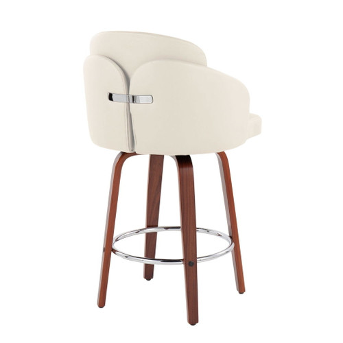 Dahlia - Fixed-Height Counter Stool (Set of 2) - Walnut Wood, Cream Faux Leather, Chrome Metal