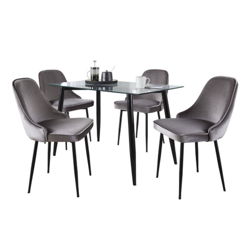 Clara - Marcel 5 Piece Dining Set - Black Metal, Clear Glass, Silver Velvet