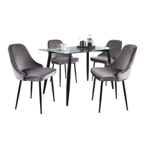 Clara - Marcel 5 Piece Dining Set - Black Metal, Clear Glass, Silver Velvet