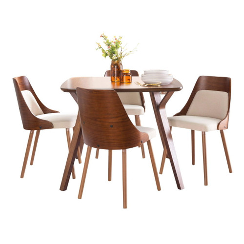 Folia - 5 Piece Anabelle Square Dining Set - Walnut Wood, Cream Fabric