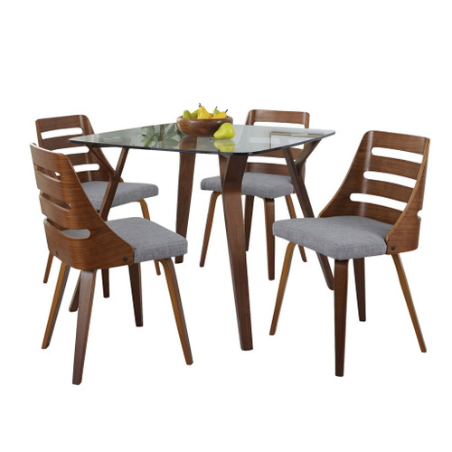 Folia - Trevi 5 Piece Square Dining Set - Walnut Wood, Clear Glass, Gray Fabric