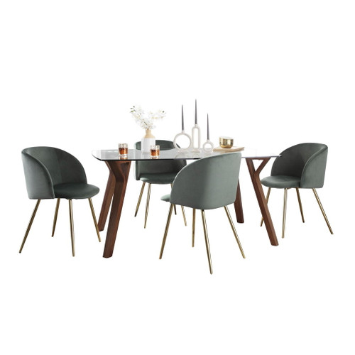 Folia - Fran 5 Piece Dining Set - Walnut Wood, Clear Glass, Sage Green Velvet, Gold Metal