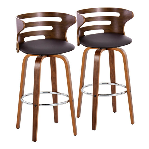 Cosi - 30" Fixed-Height Barstool With Swivel And Round Chrome Metal Footrest (Set of 2) - Walnut Wood And Brown Faux Leather