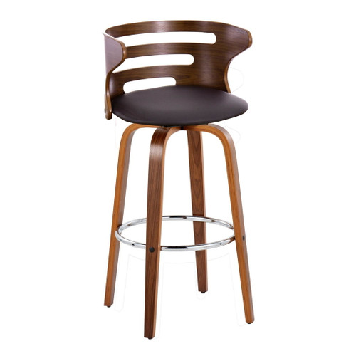 Cosi - 30" Fixed-Height Barstool With Swivel And Round Chrome Metal Footrest (Set of 2) - Walnut Wood And Brown Faux Leather