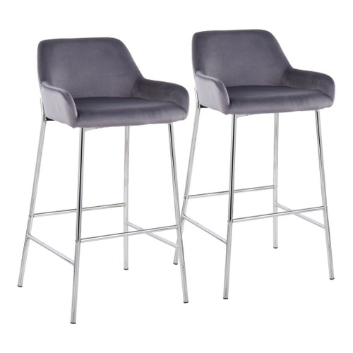 Daniella - Contemporary/Glam Fixed-Height Barstool (Set of 2) - Silver Velvet Fabric