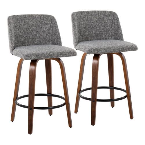Toriano - Fixed-Height Counter Stool (Set of 2) - Walnut Wood With Round Black Footrest And Gray Noise Fabric