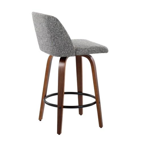Toriano - Fixed-Height Counter Stool (Set of 2) - Walnut Wood With Round Black Footrest And Gray Noise Fabric