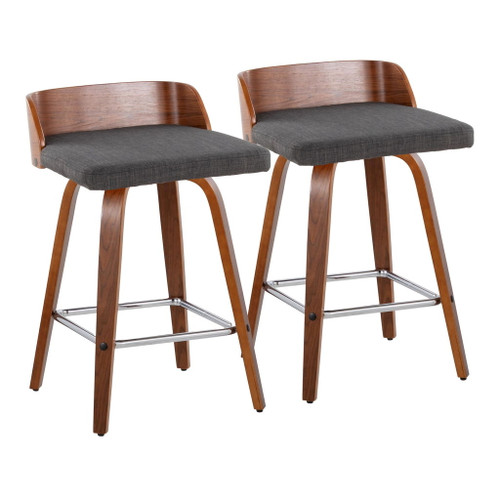 Maya - Mid-Century Modern Fixed-Height Swivel Counter Stool (Set of 2) - Walnut Wood / Charcoal Fabric With Square Chrome Metal Footrest