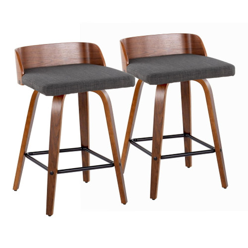 Maya - Mid-Century Modern Fixed-Height Swivel Counter Stool (Set of 2) - Walnut Wood And Charcoal Fabric With Square Black Metal Footrest