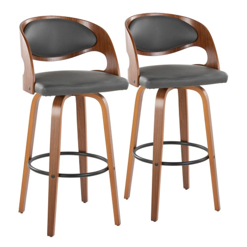 Pino - Mid-Century Modern Fixed-Height Swivel Barstool (Set of 2) - Walnut Wood And Gray Faux Leather With Round Black Metal Footrest
