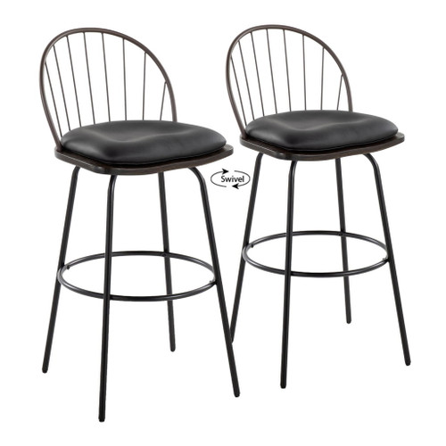 Riley - Claire Farmhouse Fixed-Height Swivel Barstool (Set of 2) - Black Metal, Bronze Metal, Dark Walnut Wood And Brown Faux Leather With Round Black Metal Footrest