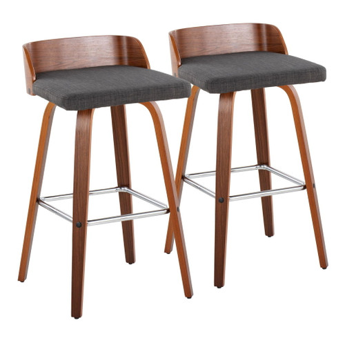 Maya - Mid-Century Modern Fixed-Height Swivel Barstool (Set of 2) - Walnut Wood And Charcoal Fabric With Square Chrome Metal Footrest