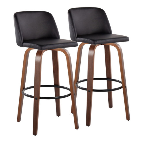 Tintori - Contemporary Fixed-Height Swivel Barstool (Set of 2) - Walnut Wood And Black Faux Leather With Round Black Metal Footrest