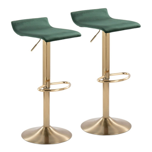 Ale - Contemporary/Glam Adjustable Height Swivel Barstool (Set of 2) - Gold Brushed Metal And Green Velvet With Oval Footrest