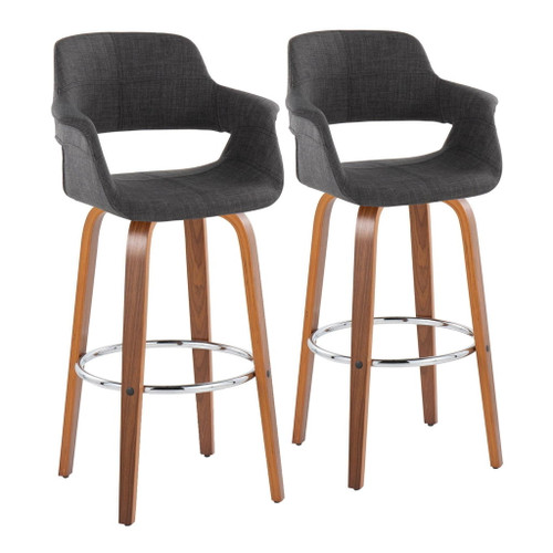 Vintage Flair - Mid-Century Modern Fixed-Height Swivel Barstool (Set of 2) - Walnut Wood And Charcoal Fabric With Round Chrome Metal Footrest