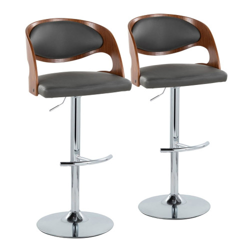 Pino - Mid-Century Modern Adjustable Swivel Barstool (Set of 2) - Chrome Metal, Walnut Wood And Gray Faux Leather With Rounded T Footrest