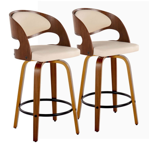 Pino - Mid-Century Modern Fixed-Height Swivel Barstool (Set of 2) - Walnut Wood