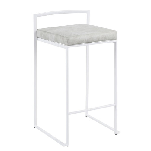 Fuji - 26" Stackable Counter Stool (Set of 3) - White Metal With Light Gray Cowboy Fabric Cushion