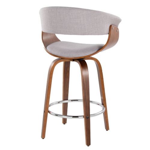 Vintage Mod - 26" Fixed-Height Counter Stool With Swivel (Set of 2) - Walnut Wood And Stone Fabric With Round Chrome Metal Footrest