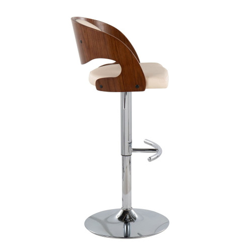 Pino - Adjustable Barstool With Swivel (Set of 3) - Chrome Metal, Walnut Wood And Cream Faux Leather With Rounded T Footrest
