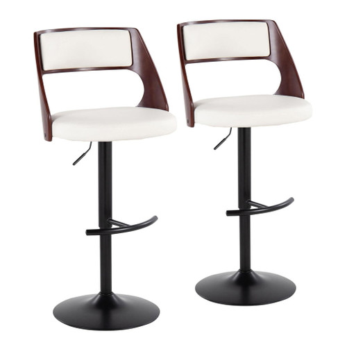 Cecina - Contemporary Adjustable Swivel Barstool (Set of 2) - Black Metal, Cherry Wood, And White Faux Leather With Rounded T Footrest