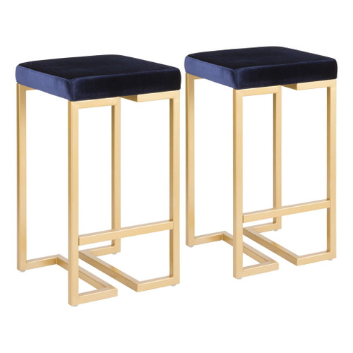 Midas - Contemporary - Glam Counter Stool (Set of 2) - Gold With Blue Velvet Cushion
