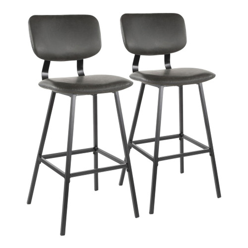 Foundry - Contemporary Barstool (Set of 2) - Black Metal And Gray Faux Leather With Gray Zig Zag Stitching