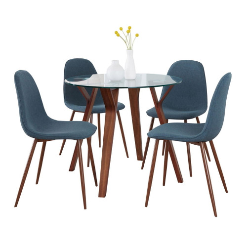 Folia - Round Pebble Mid-Century Modern 5 Piece Dining Room Set - Walnut Wood, Round Clear Tempered Glass, Walnut Metal / Blue Fabric
