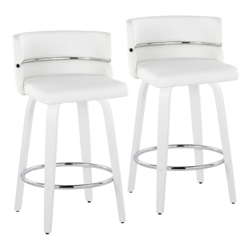 Cinch - Contemporary Fixed-Height Swivel Counter Stool (Set of 2) - White Wood And White Faux Leather With Round Chrome Footrest